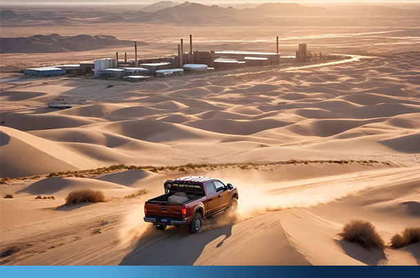 Oil&gas pickup driving through a desert