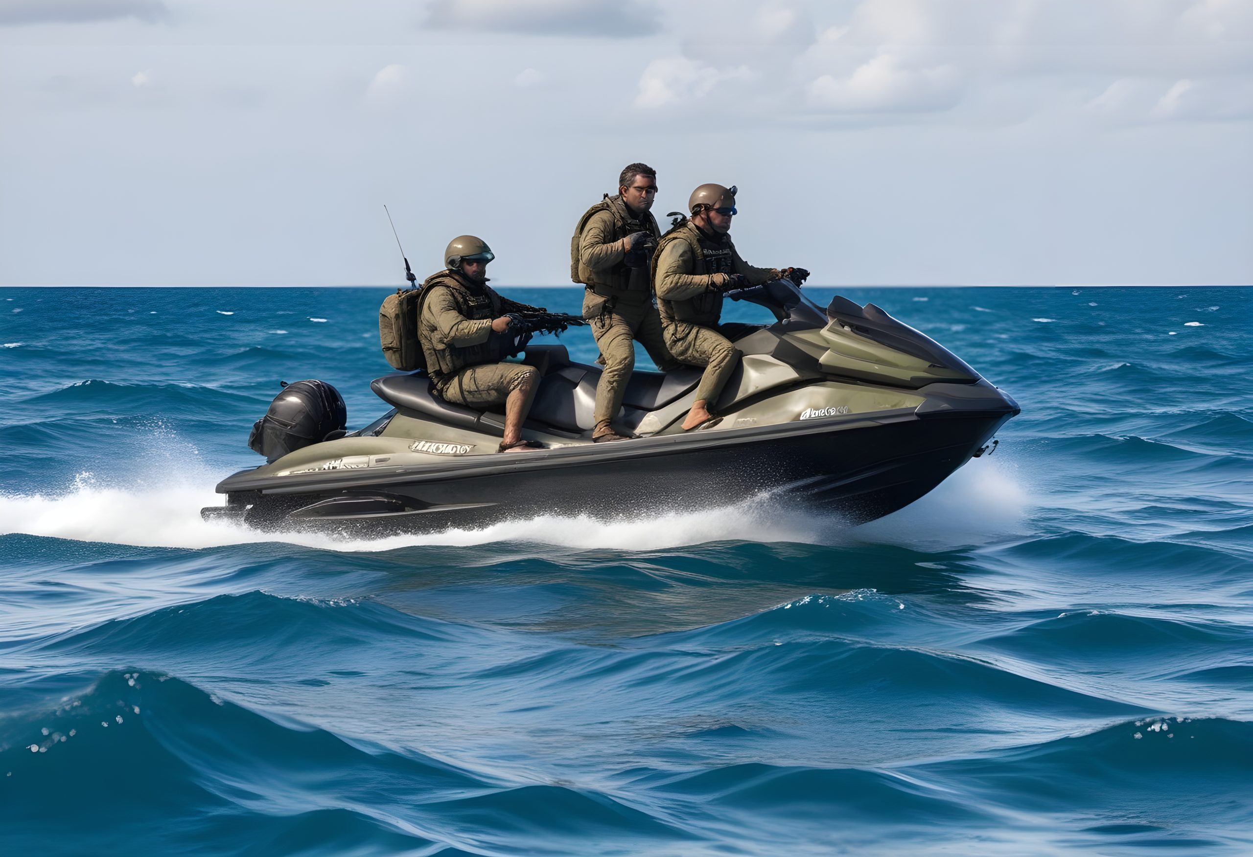 Commandos in tactical gear operating on a jetski